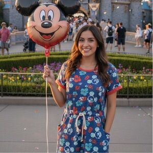 Disney Parks Blue Mickey Mouse Hibiscus Floral Casual Drawstring Waist Dress